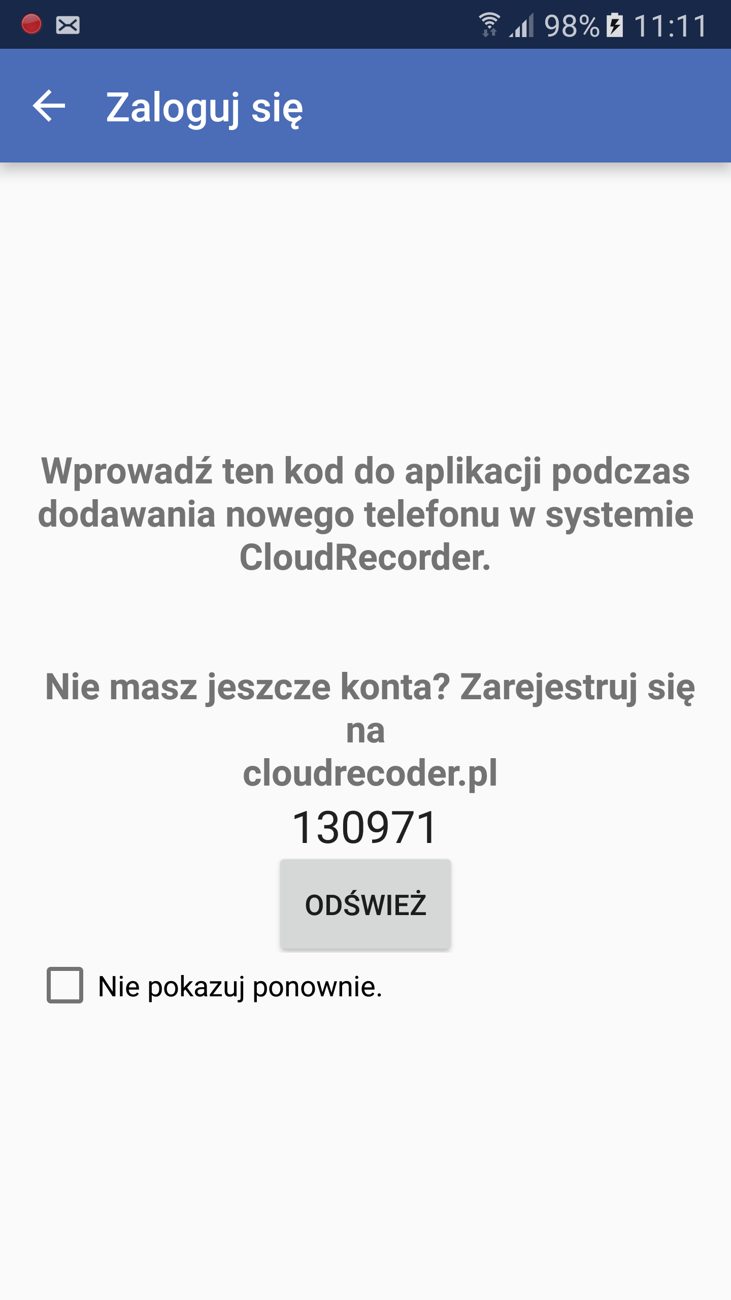 CloudRecorder Android - podłączanie urządzenia - krok 1